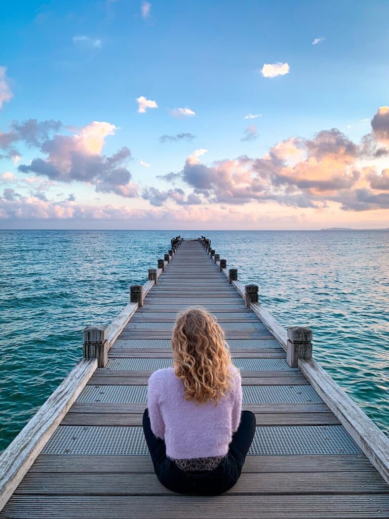 img-02-free-img woman, sit, boardwalk, jetty, pier, sea, ocean, clouds, perspective, horizon, sky, seascape, blonde woman, sitting, wooden planks, walkway, alone, solitude, solitary, meditation, relaxation, zen, nature, calm, meditation, meditation, meditation, meditation, meditation